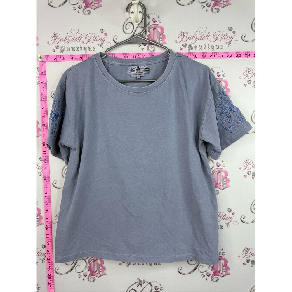 C&C California sun washed blue Lavender Short-Sleeve Tee Embroidered Sleeves